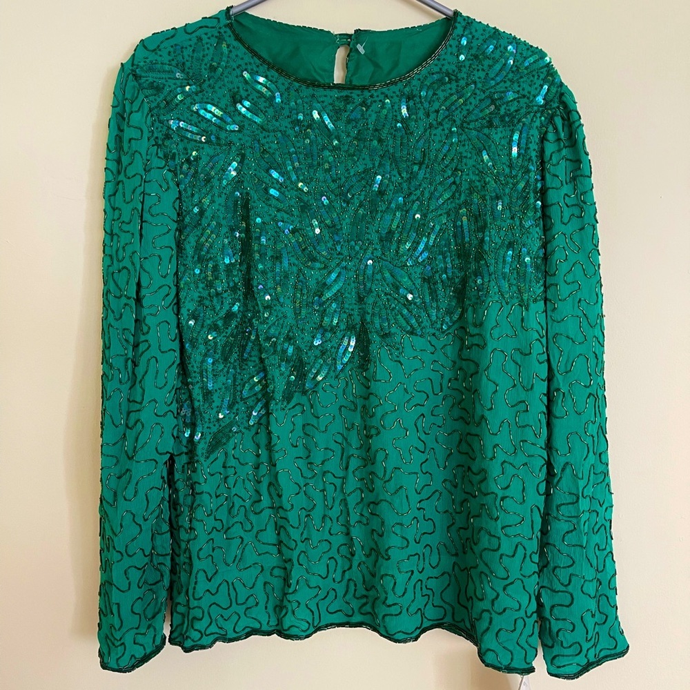 Vintage Green Beaded Embellished Sequin Silk Blouse Top Women  Size S US